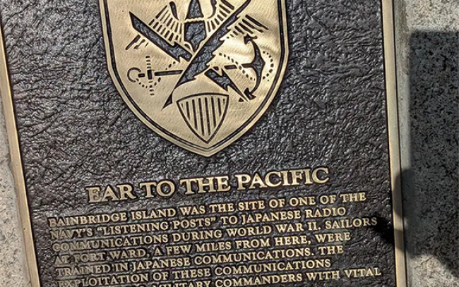 The restored plaque honoring the "Ear To The Pacific" at Fort Ward