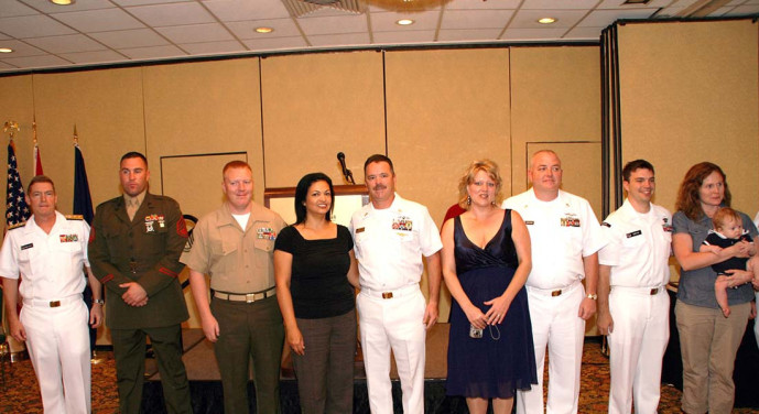 Presented to: SSGT Brian M. Rogers (CSE), GYSGT Ryan M. Truitt (OTRG USMC), CTRCM(SW/NAC) Joseph F. Bass eith Ruth Bass (OTRG USN), CTMC(SS) John E. Earnshaw with Joan Earnshaw (CSE), CTN1(IUSS) Patrick Griffin (CSE) by RADM Edward Deets